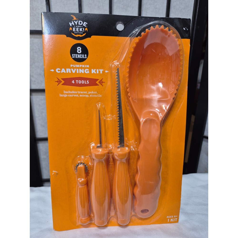 NEW Hyde and Eek Pumpkin Carving Kit 4 Tools 8 Stencils Orange Halloween